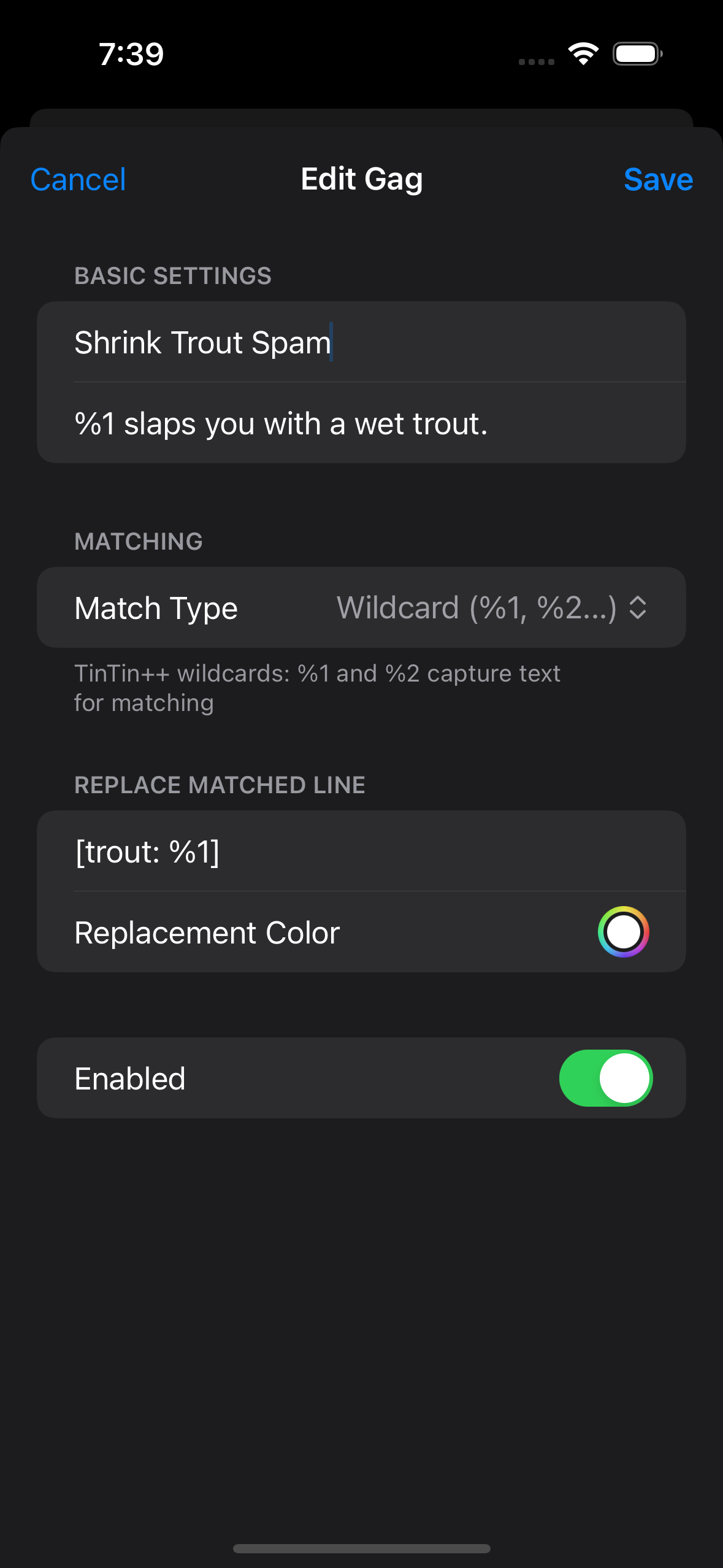 Gag form showing wildcard match type, the trout-slap pattern, and its replacement text