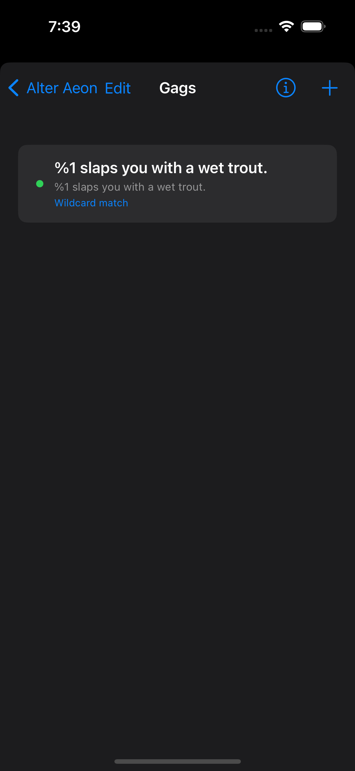 MUDBasher's Gags list showing an example wildcard gag for combat spam