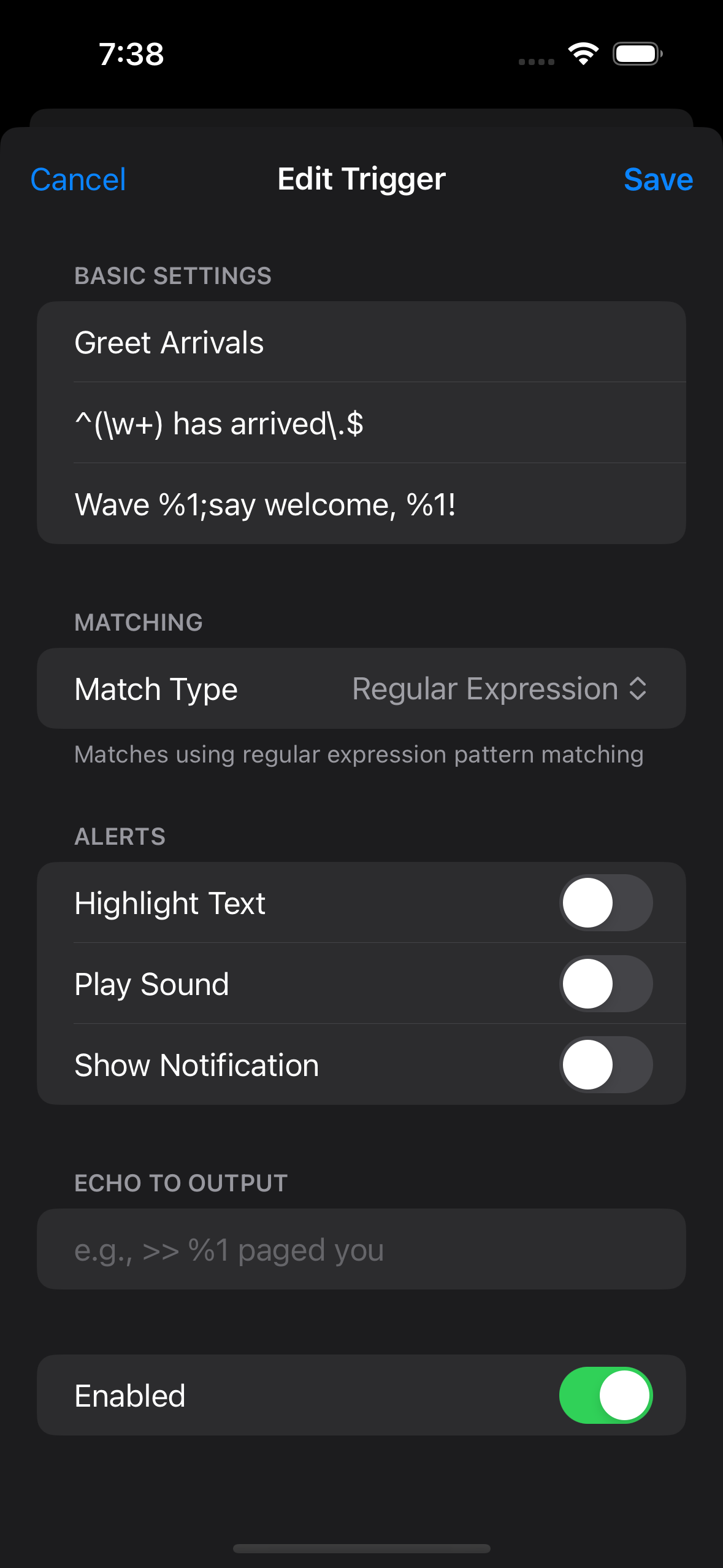 Trigger form showing the Greet Arrivals example: regex match type, pattern, and action fields filled in
