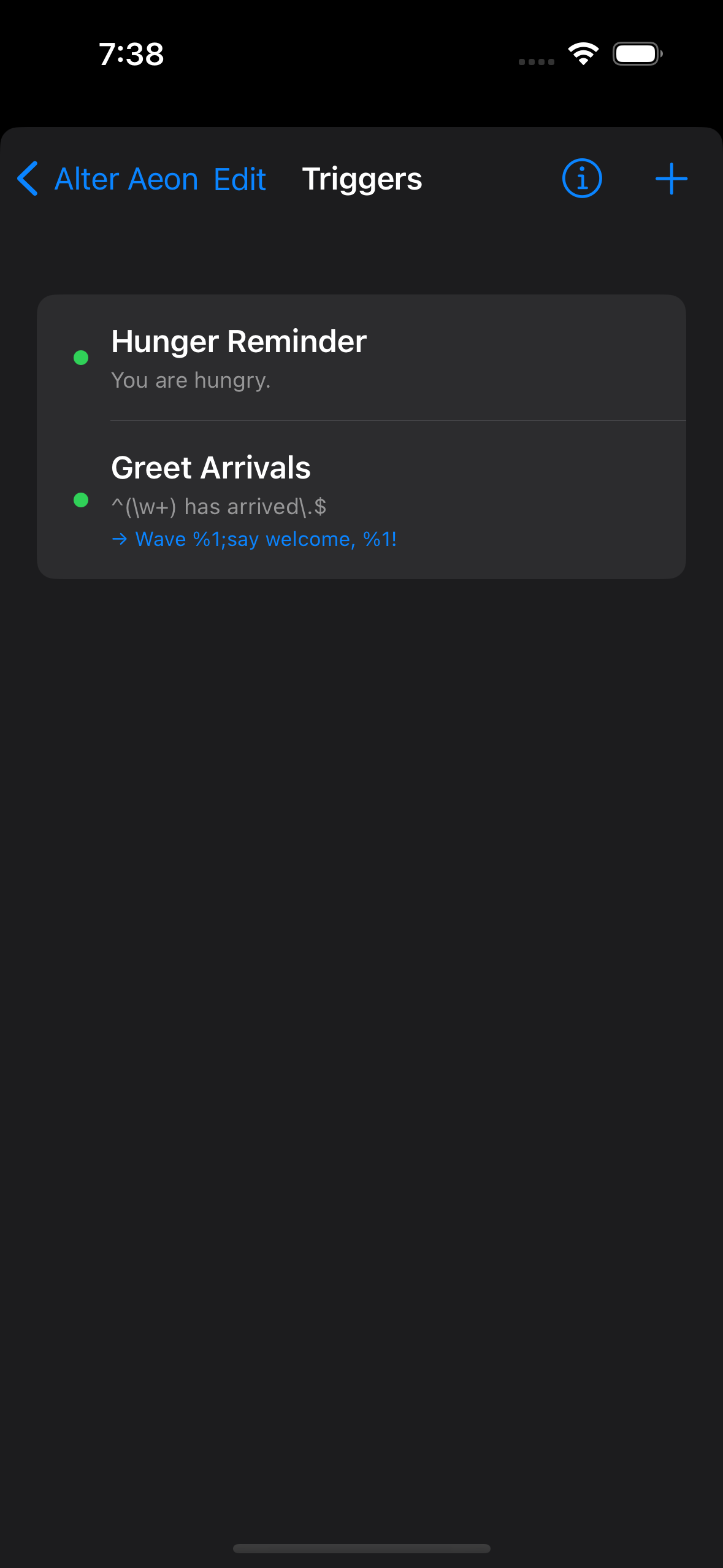 MUDBasher's Triggers list showing two example triggers, Greet Arrivals and Hunger Reminder